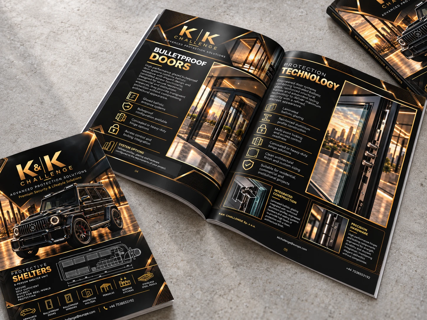 K&K Challenge premium black and gold catalogue — cover and open spread presentation, catalogue design by Adam / Prowebdsgn
